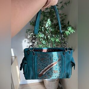 Montana West Conceal Carry Teal Feather Embroidered Western Shoulder Bag